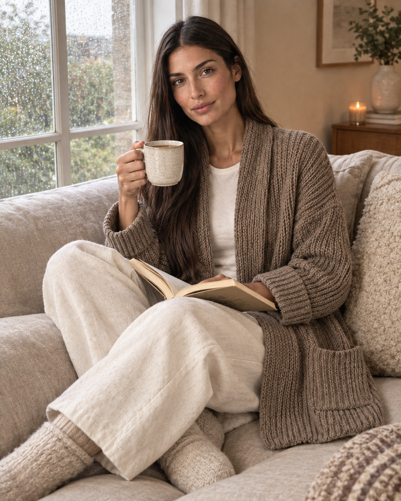 Tessa Shawl Cardigan in taupe at home