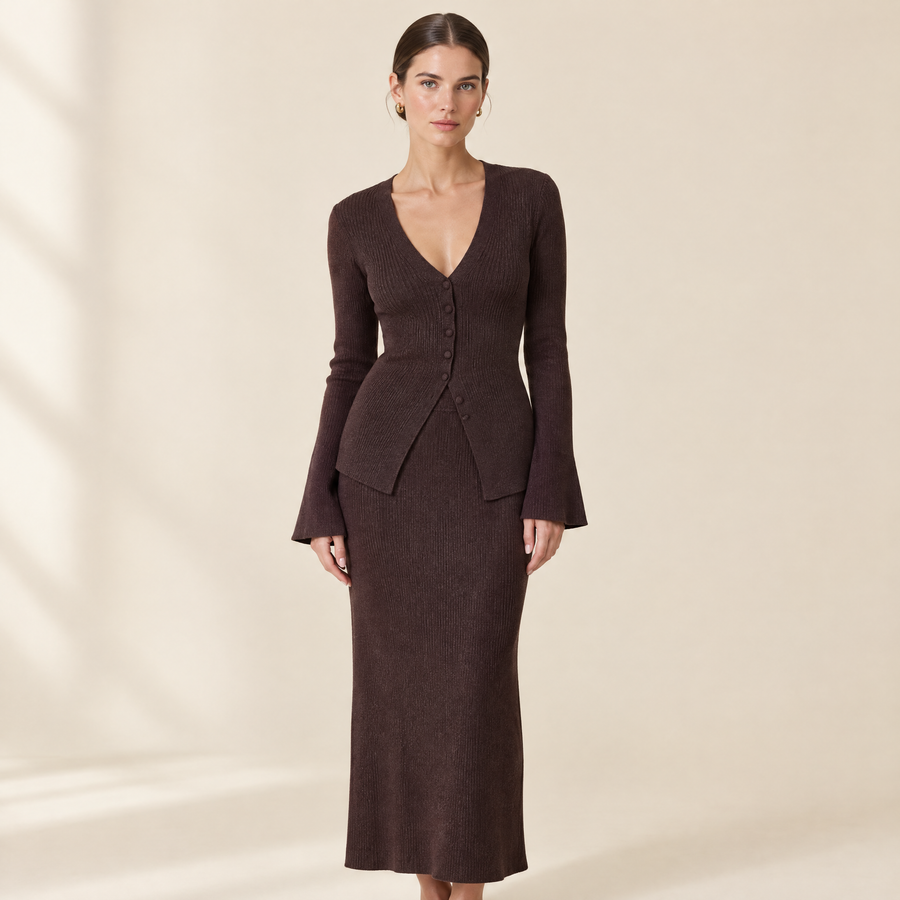 Juno Knit Skirt Set in chocolate, front view