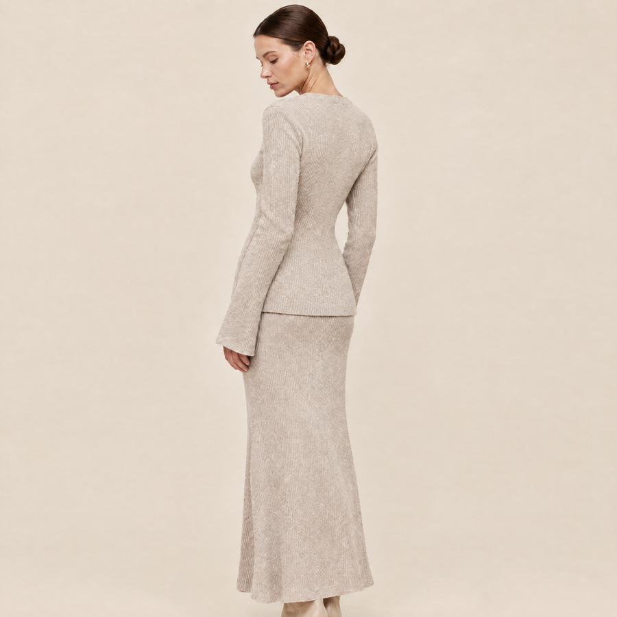 Juno Knit Skirt Set in oatmeal, back view