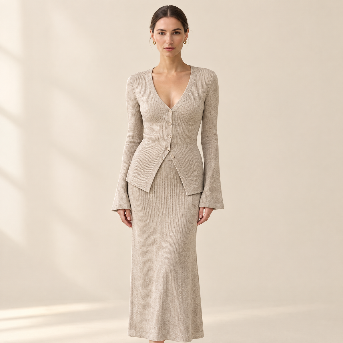 Juno Knit Skirt Set in oatmeal, front view