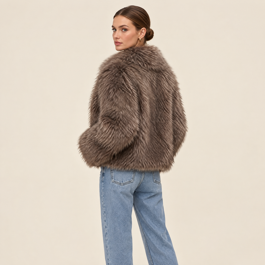 Liv Faux Fur Jacket in mocha, back view