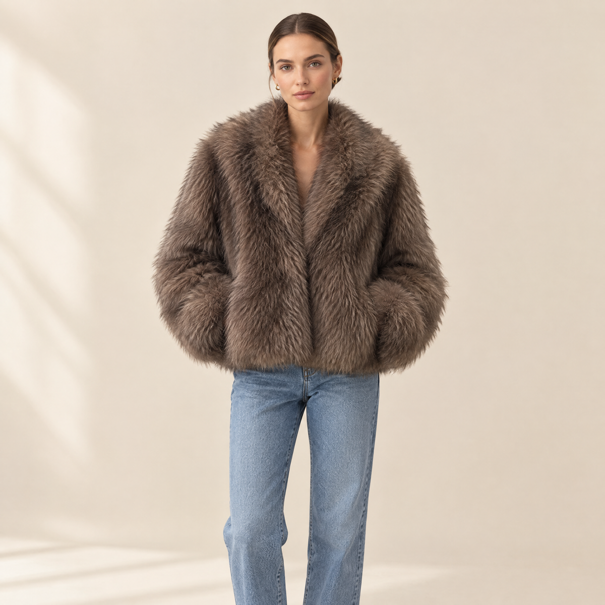 Liv Faux Fur Jacket in mocha, front view