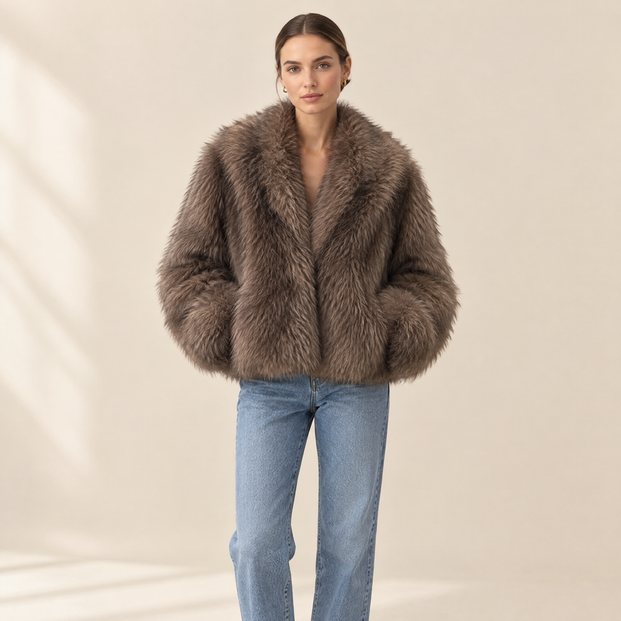 Liv Faux Fur Jacket in mocha, front view