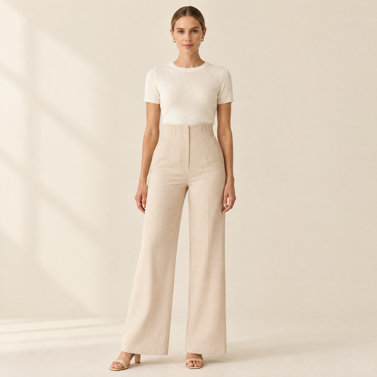 Petra Tailored Wide-Leg Trousers in apricot, front view