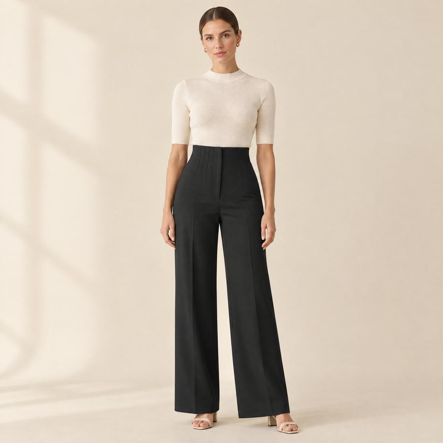 Petra Tailored Wide-Leg Trousers in black, front view