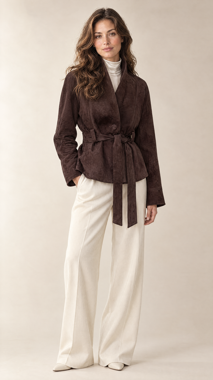 Romy Wrap Jacket in espresso, full-length view