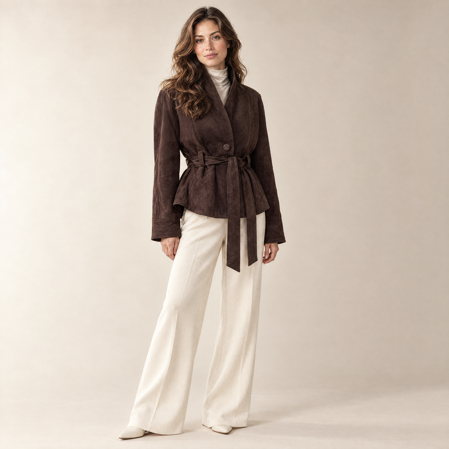 Romy Wrap Jacket in espresso, styled view