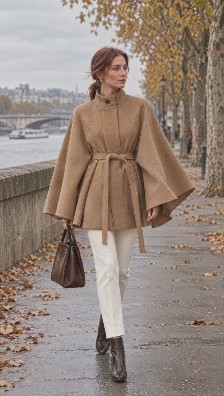 Model walking by the river in the Wren Cape Coat in camel, cape sleeves moving in the breeze