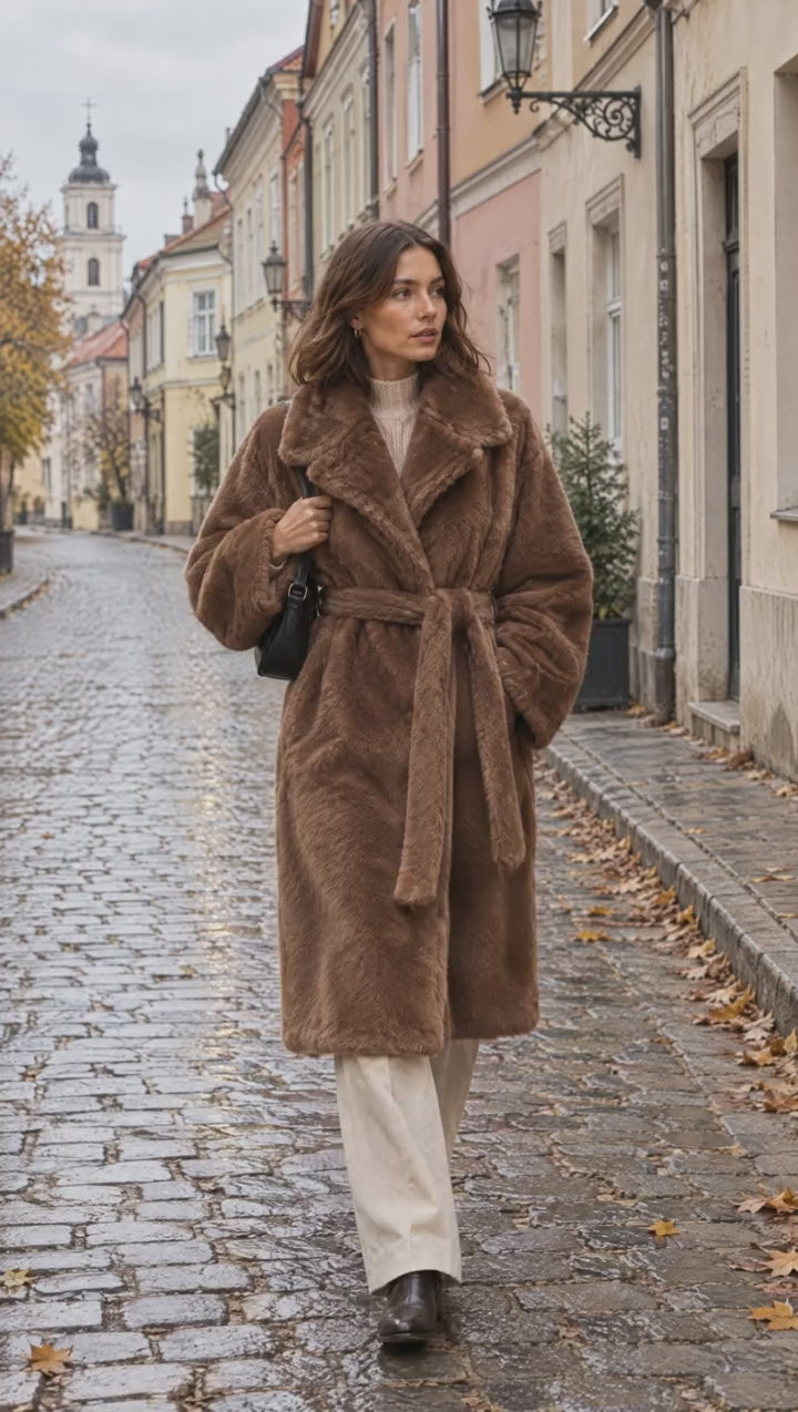 Model walking on a cobblestone street in the Freya Faux Fur Coat in chocolate