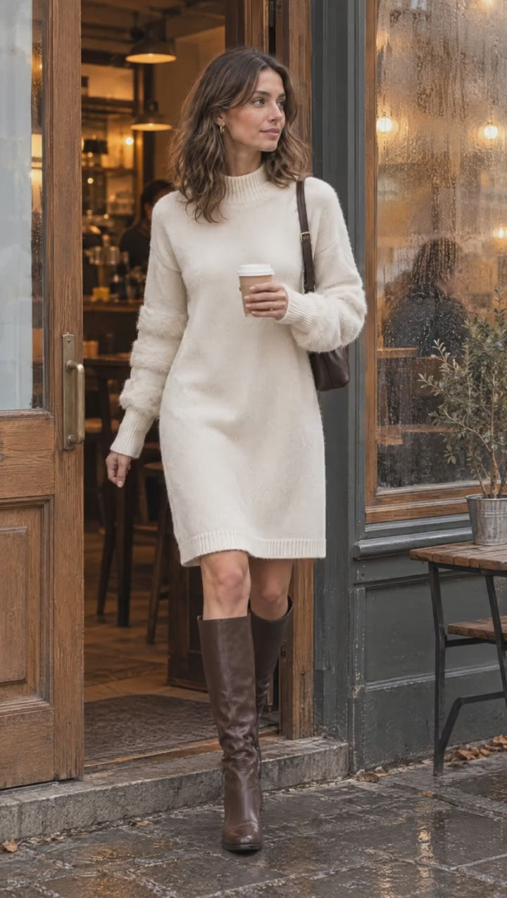 Model stepping out of a café in the Esme Knit Dress in cream with brown boots