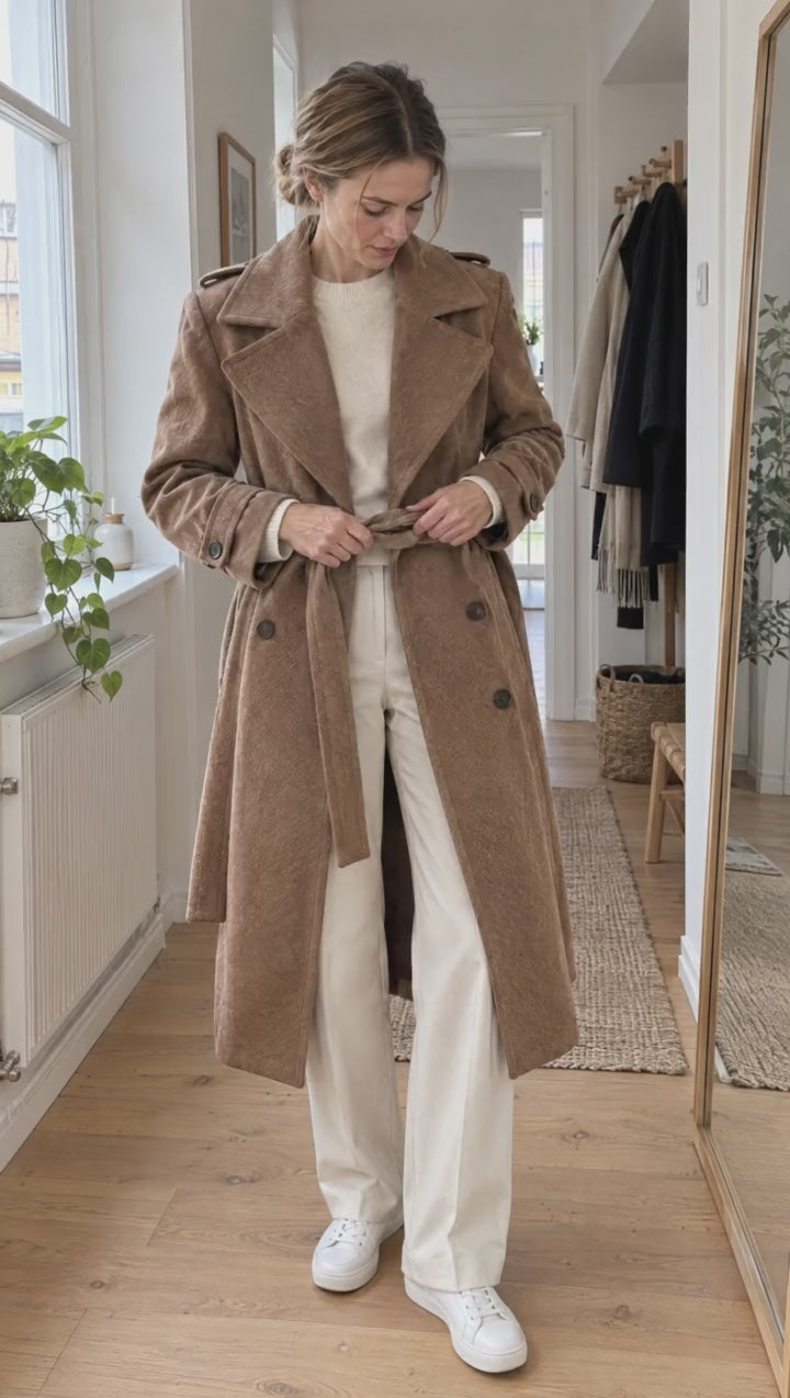 Model tying the belt of the Elin Double-Breasted Coat in camel and turning to show the fit